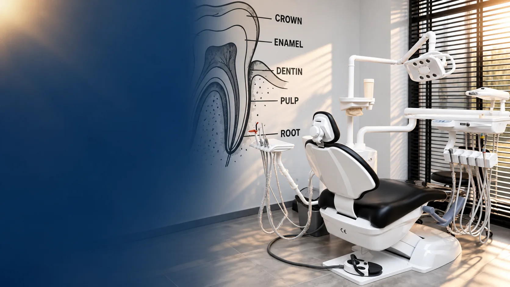 Pamje artistike e retushuar dhe e zgjeruar e sallës reale të trajtimit në SKERAJ Dental Clinic, me karrigen dentare dhe murin me anatominë e dhëmbit